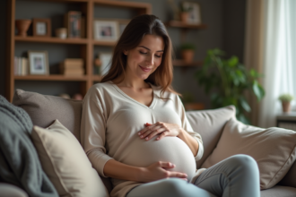 Femme enceinte assise sur un canapé dans un salon chaleureux