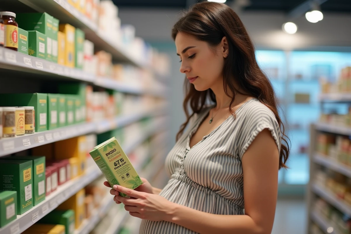 Femme enceinte lisant attentivement l'étiquette d'une boîte de tisane en pharmacie pour vérifier les plantes autorisées pendant la grossesse