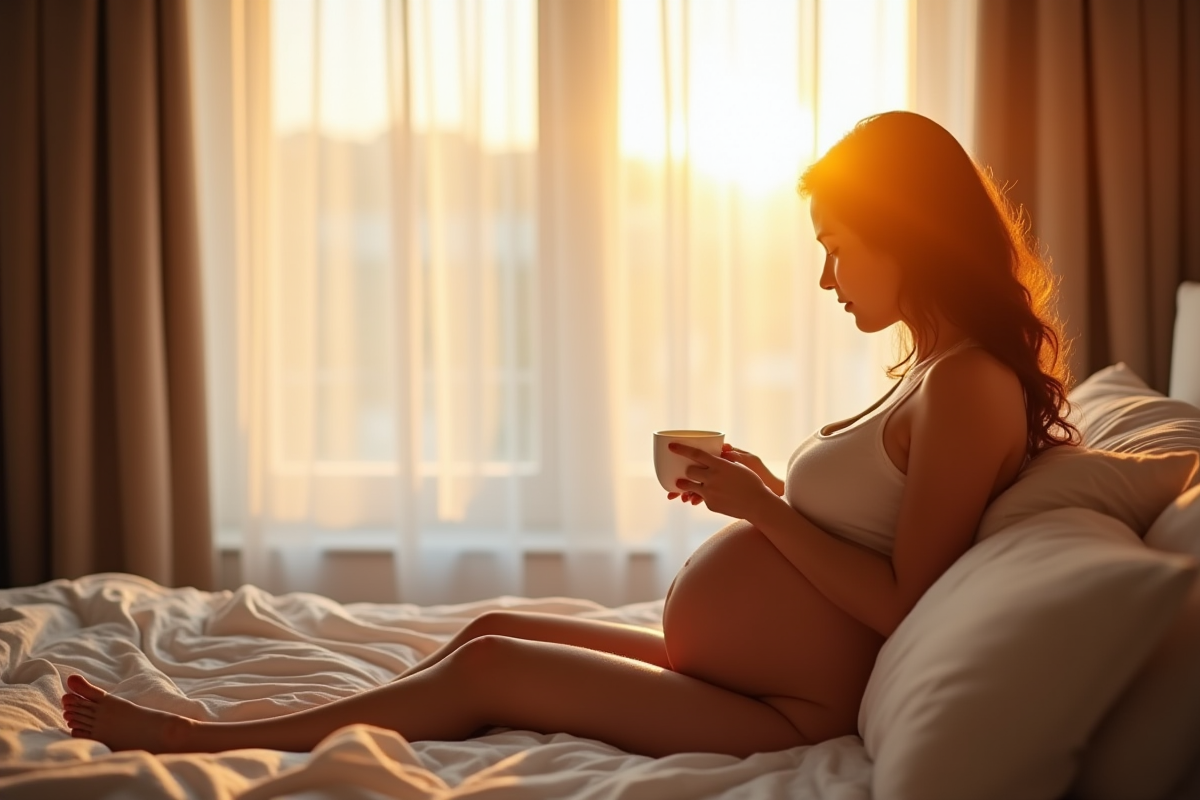 Femme enceinte assise au matin dans son lit en regardant par la fenêtre