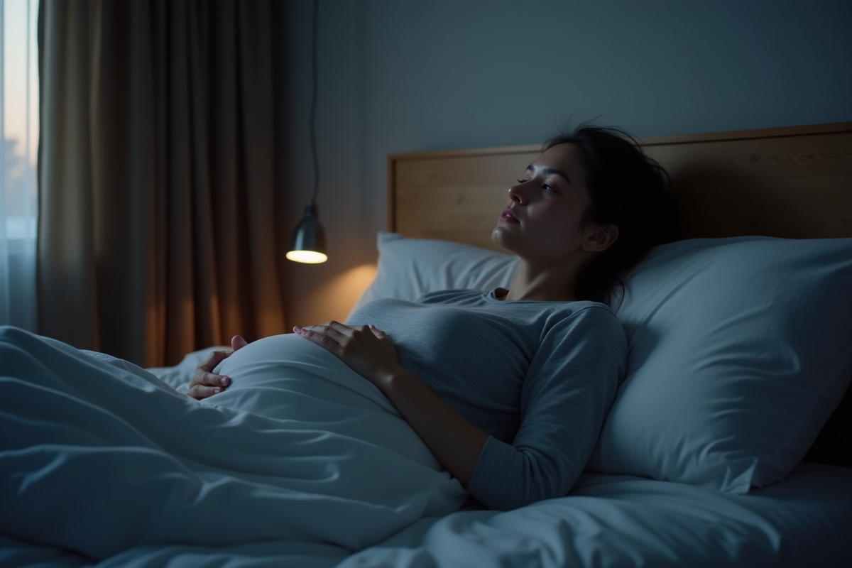 Femme enceinte allongée dans son lit la nuit en réflexion