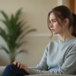 Femme enceinte inquiète assise dans une salle d'attente gynécologique à 5 semaines d'aménorrhée