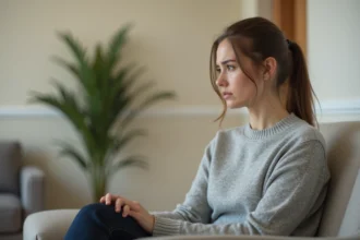 Femme enceinte inquiète assise dans une salle d'attente gynécologique à 5 semaines d'aménorrhée
