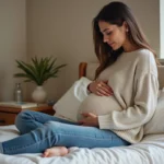 Femme enceinte assise sur le lit dans une chambre chaleureuse