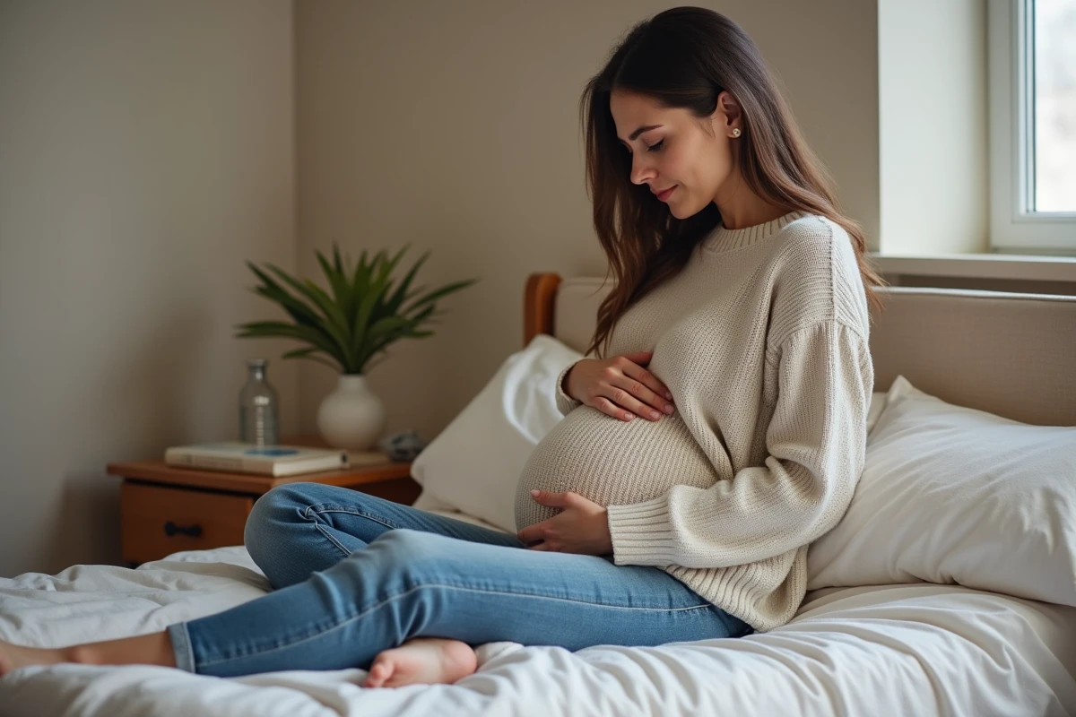 Femme enceinte assise sur le lit dans une chambre chaleureuse