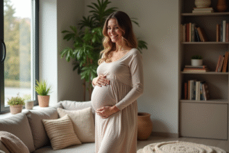 Femme enceinte souriante dans un salon moderne