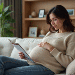 Femme enceinte lisant une brochure dans un salon chaleureux
