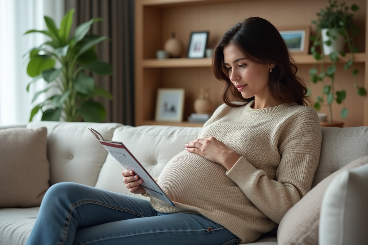 Femme enceinte lisant une brochure dans un salon chaleureux