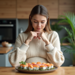 Femme enceinte examine un plateau de sushi dans la cuisine