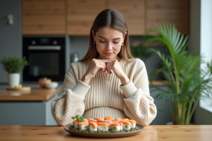 Femme enceinte examine un plateau de sushi dans la cuisine