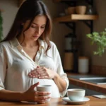 Femme enceinte tenant une tasse de tisane avec précaution dans une cuisine rustique, illustrant les risques des plantes pendant la grossesse
