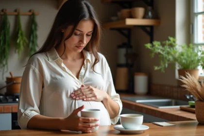 Femme enceinte tenant une tasse de tisane avec précaution dans une cuisine rustique, illustrant les risques des plantes pendant la grossesse
