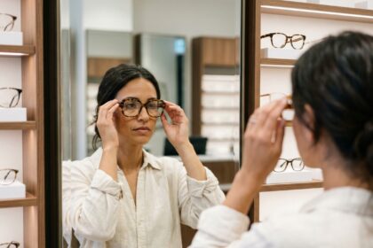 Femme essayant des lunettes tortoiseshell dans une boutique optique moderne avec rangées de montures en arrière-plan