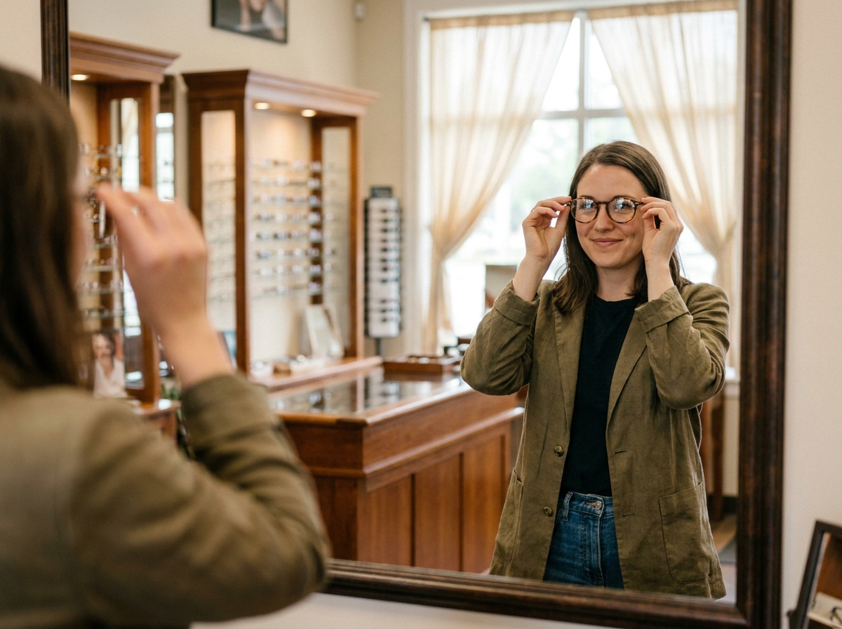 Jeune femme essayant des lunettes devant un miroir dans une boutique d'optique lumineuse