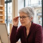 Femme d'une cinquantaine d'années essayant des lunettes chez un opticien à Valence, France