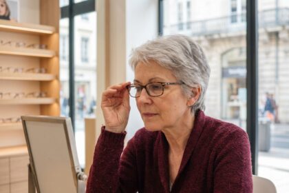 Femme d'une cinquantaine d'années essayant des lunettes chez un opticien à Valence, France