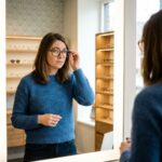 Femme en miroir essayant des lunettes oversize dans un magasin d'optique