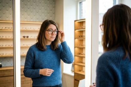 Femme en miroir essayant des lunettes oversize dans un magasin d'optique