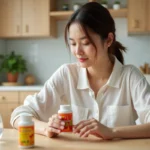 Jeune femme examinant un flacon de compléments alimentaires gummies ours en cuisine, avis Bears with Benefits