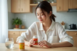 Jeune femme examinant un flacon de compléments alimentaires gummies ours en cuisine, avis Bears with Benefits