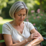 Femme examinant une tache sur son bras en plein air