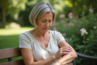 Femme examinant une tache sur son bras en plein air