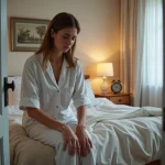 Femme fatiguée en pyjama regardant l'horloge