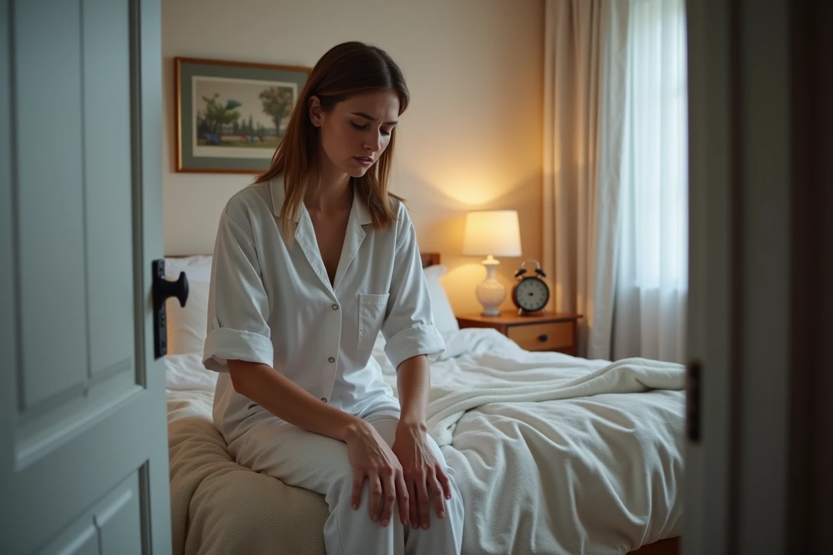 Femme fatiguée en pyjama regardant l'horloge