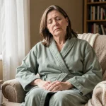 Femme fatiguée en robe de chambre au repos dans un fauteuil pendant sa convalescence après une radiothérapie ORL