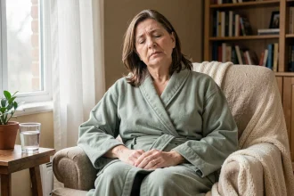 Femme fatiguée en robe de chambre au repos dans un fauteuil pendant sa convalescence après une radiothérapie ORL