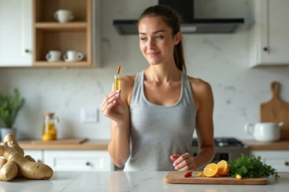Femme comparant une gélule brûle-graisses avec des aliments thermogéniques naturels dans une cuisine moderne