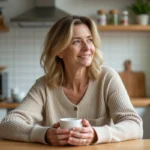 Femme méditative buvant une tisane dans une cuisine lumineuse