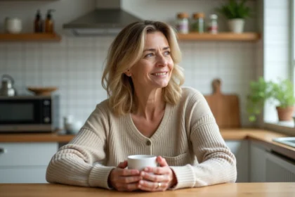Femme méditative buvant une tisane dans une cuisine lumineuse