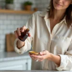 Femme versant de l'huile de ricin dans une cuillère en bois dans une cuisine moderne, alternative douce pour l'intestin