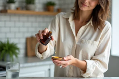 Femme versant de l'huile de ricin dans une cuillère en bois dans une cuisine moderne, alternative douce pour l'intestin