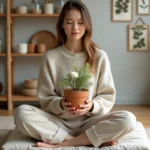 Femme hypersensible tenant un pot de fleur blanc dans un intérieur minimaliste naturel aux tons neutres
