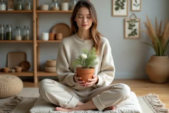 Femme hypersensible tenant un pot de fleur blanc dans un intérieur minimaliste naturel aux tons neutres