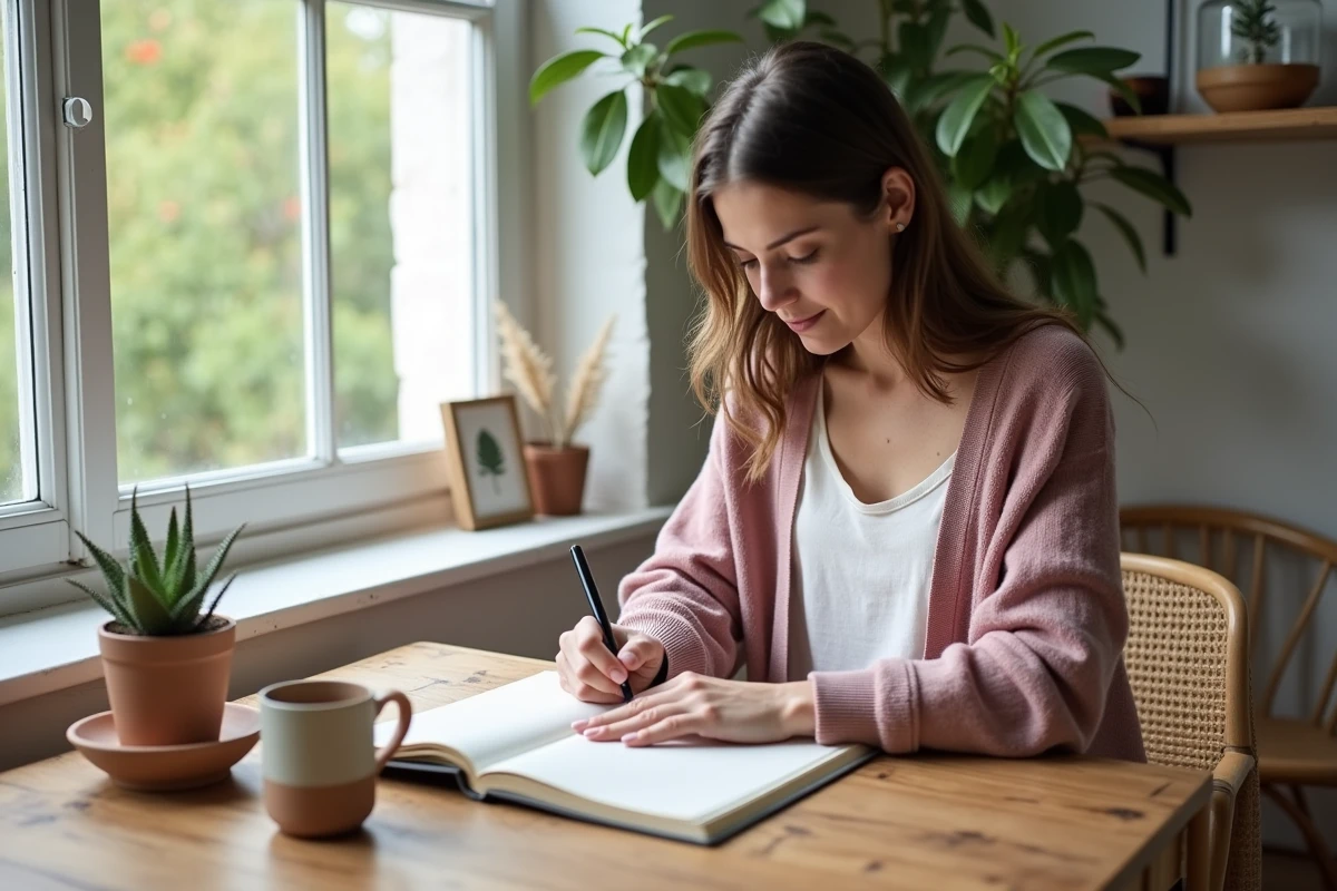 Femme hypersensible écrivant dans un journal de bien-être naturel dans un espace de travail calme et minimaliste