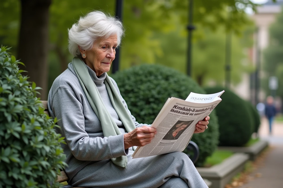 Femme lisant un journal dans un parc urbain calme