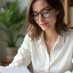 Femme portant des lunettes à verres adaptés, lisant confortablement un document dans un bureau moderne, illustrant le confort visuel au quotidien