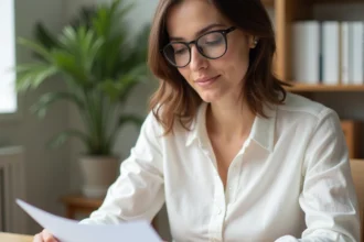Femme portant des lunettes à verres adaptés, lisant confortablement un document dans un bureau moderne, illustrant le confort visuel au quotidien