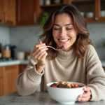 Femme dégustant un bol de noix et chocolat chaud