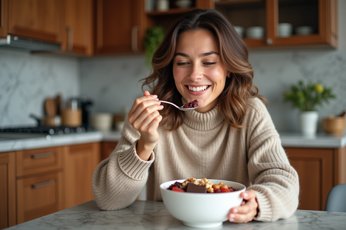 Femme dégustant un bol de noix et chocolat chaud