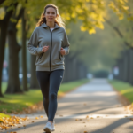 Femme en jogging marche dans un parc urbain automnal