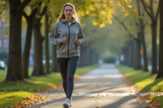 Femme en jogging marche dans un parc urbain automnal