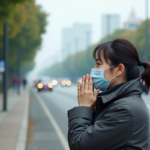 Femme portant un masque près d'une route urbaine