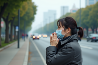 Femme portant un masque près d'une route urbaine