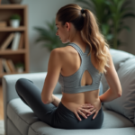 Femme en détente massant son dos dans un salon cosy