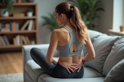 Femme en détente massant son dos dans un salon cosy