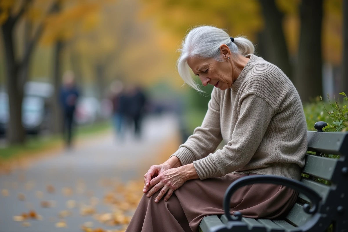 Femme âgée assise sur un banc de parc en automne