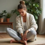 Femme assise en yoga massage son gros orteil dans un salon chaleureux